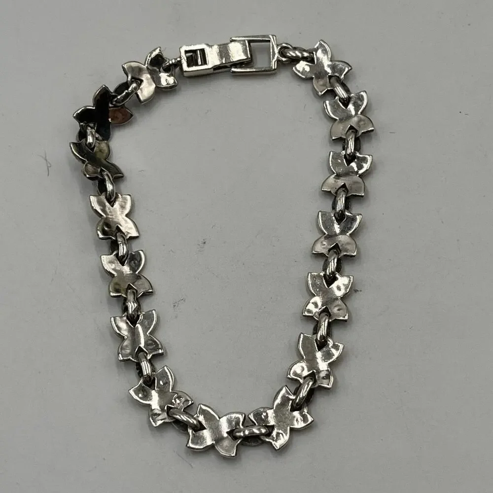 A Signed Sterling Silver Marcasite Leaf Design Tennis Floral Link Bracelet‎ 7.5”
